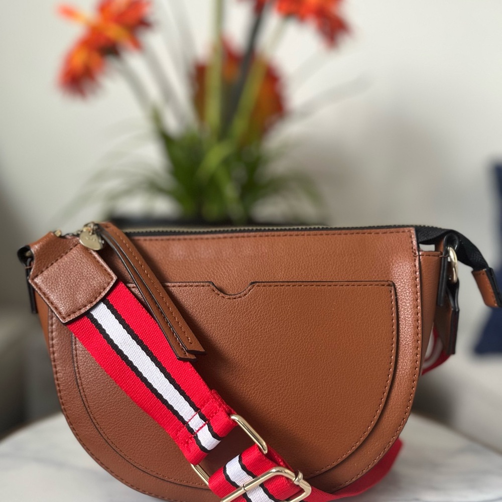 Exspress Chic Brown Crossbody Bag with Red Strap